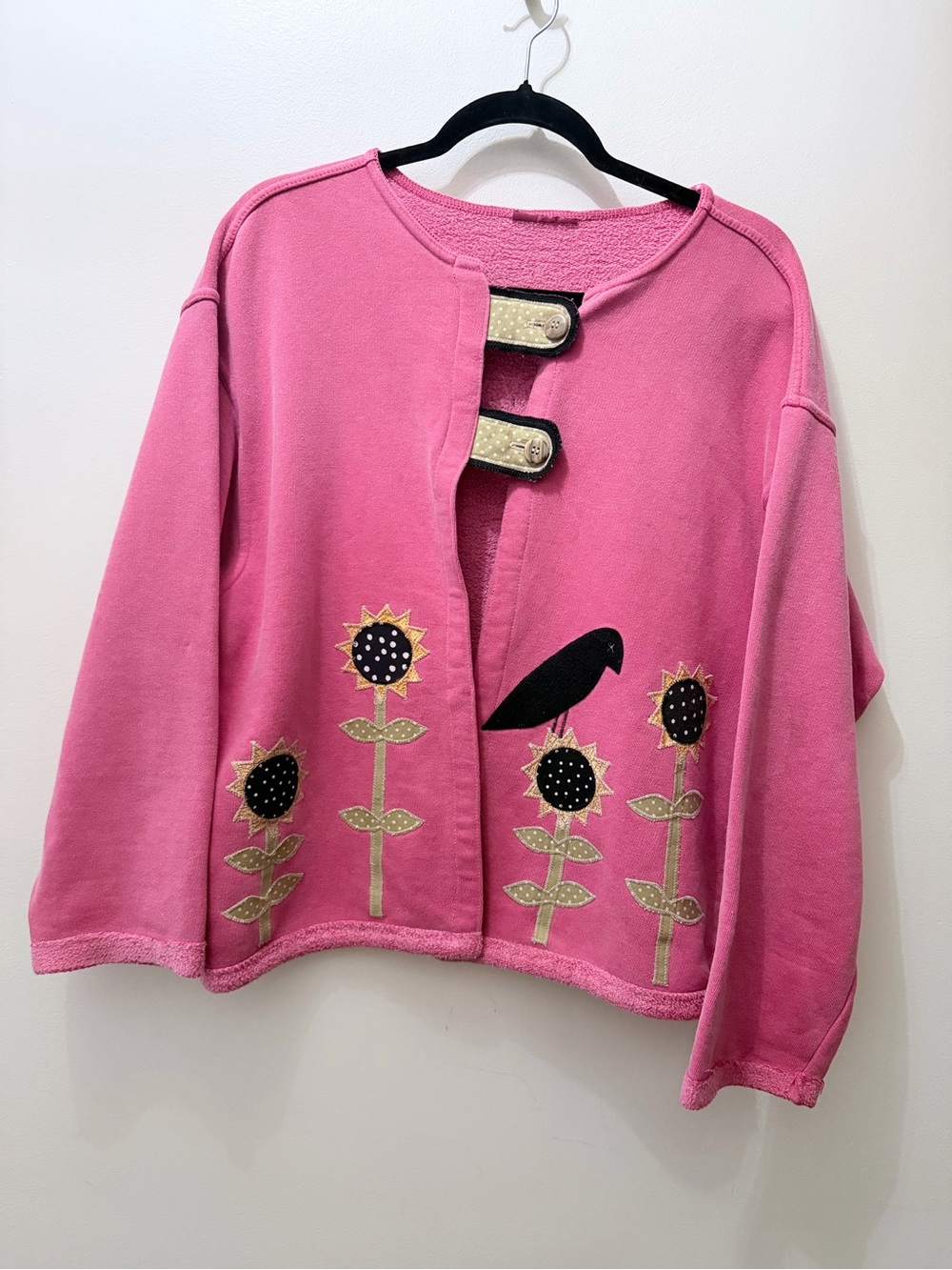 Vintage Primitive Patchwork Sunflower Crow Cardigan Sweater Fall Harvest XL